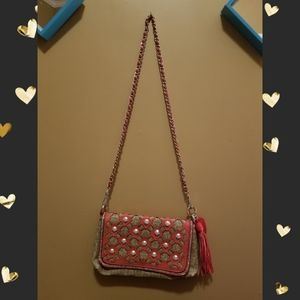 Boutique Coral and Tan Crossbody with studs